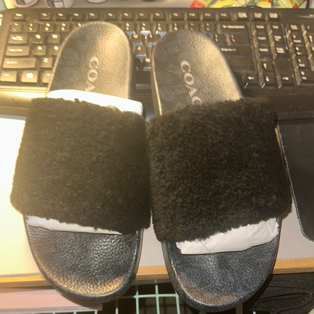 COACH Black Fuzzy Slides